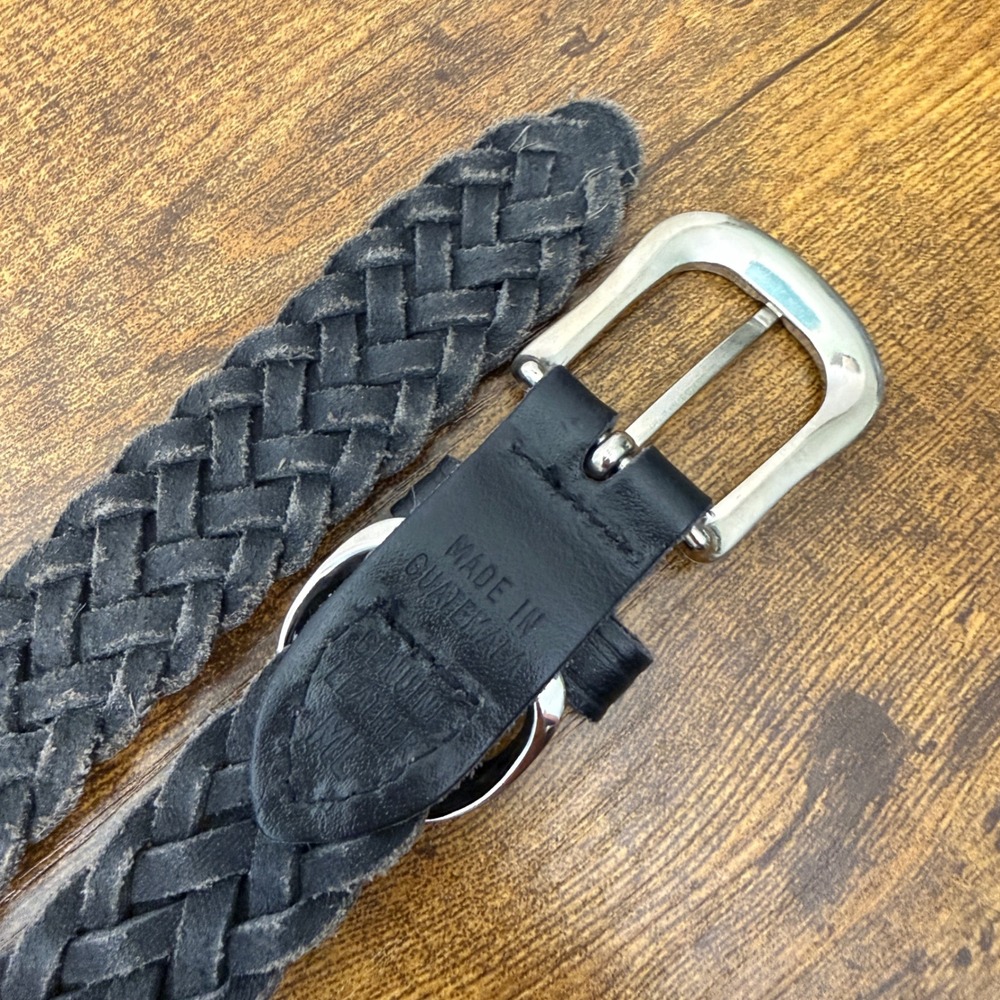 Vtg Black Braided Genuine Leather Belt Womens M/L Silver Buckle Preppy Classic - Picture 9 of 10